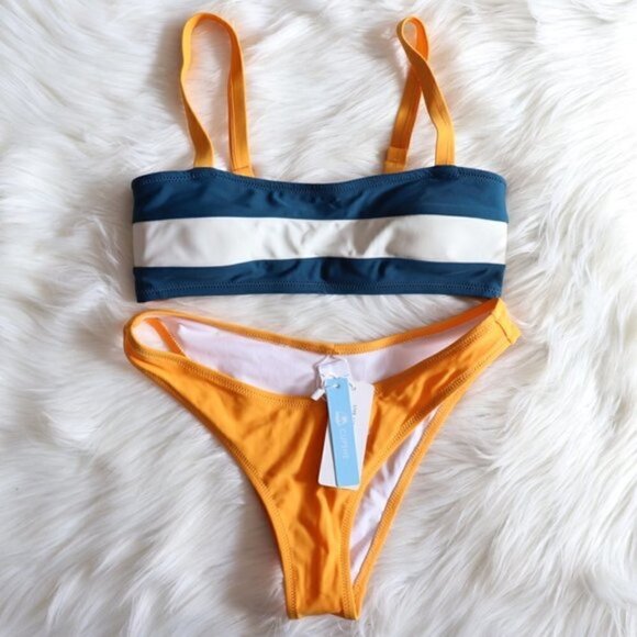 Yellow Blue White Color Block Bandeau Bikini Swim Set Size Medium NWT - Picture 1 of 8